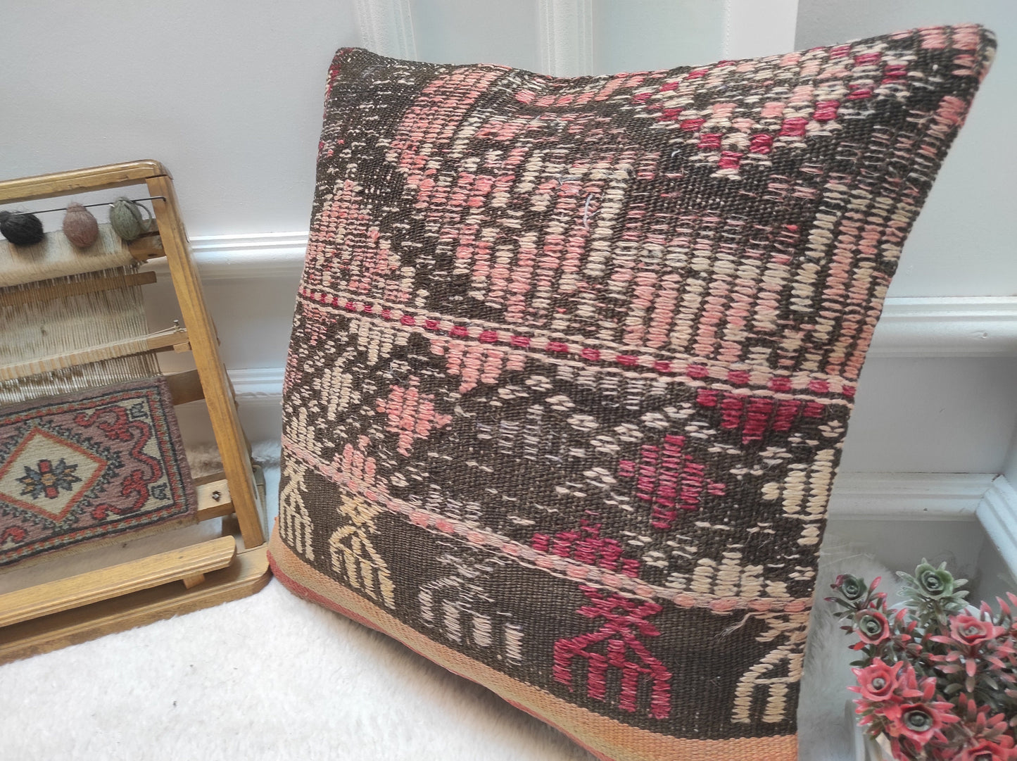 Handmade Kilim Pillow Cover: Upcycled Woven Rug, Ethnic Decor (18x18 inc)