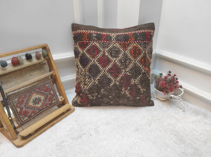 Handmade Kilim Pillow Cover: Upcycled Woven Rug, Bohemian Decor (18x18 inc.)