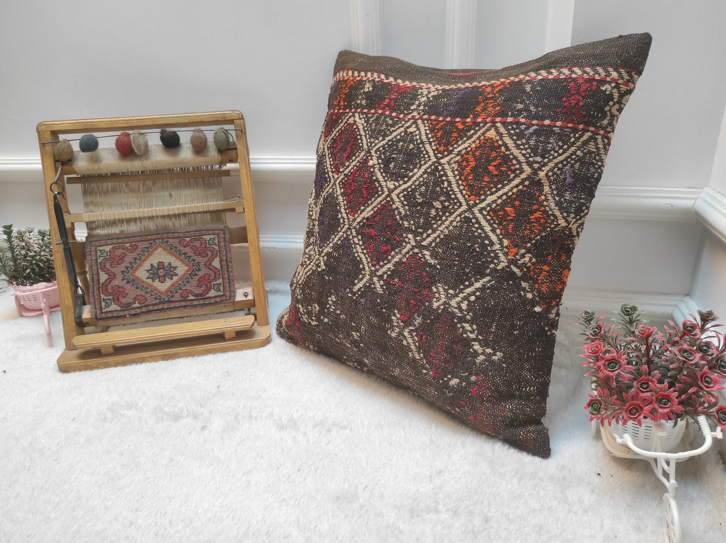 Handmade Kilim Pillow Cover: Upcycled Woven Rug, Bohemian Decor (18x18 inc.)
