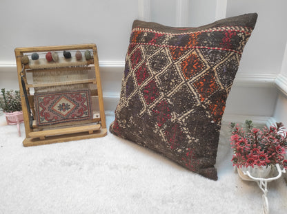 Handmade Kilim Pillow Cover: Upcycled Woven Rug, Bohemian Decor (18x18 inc.)
