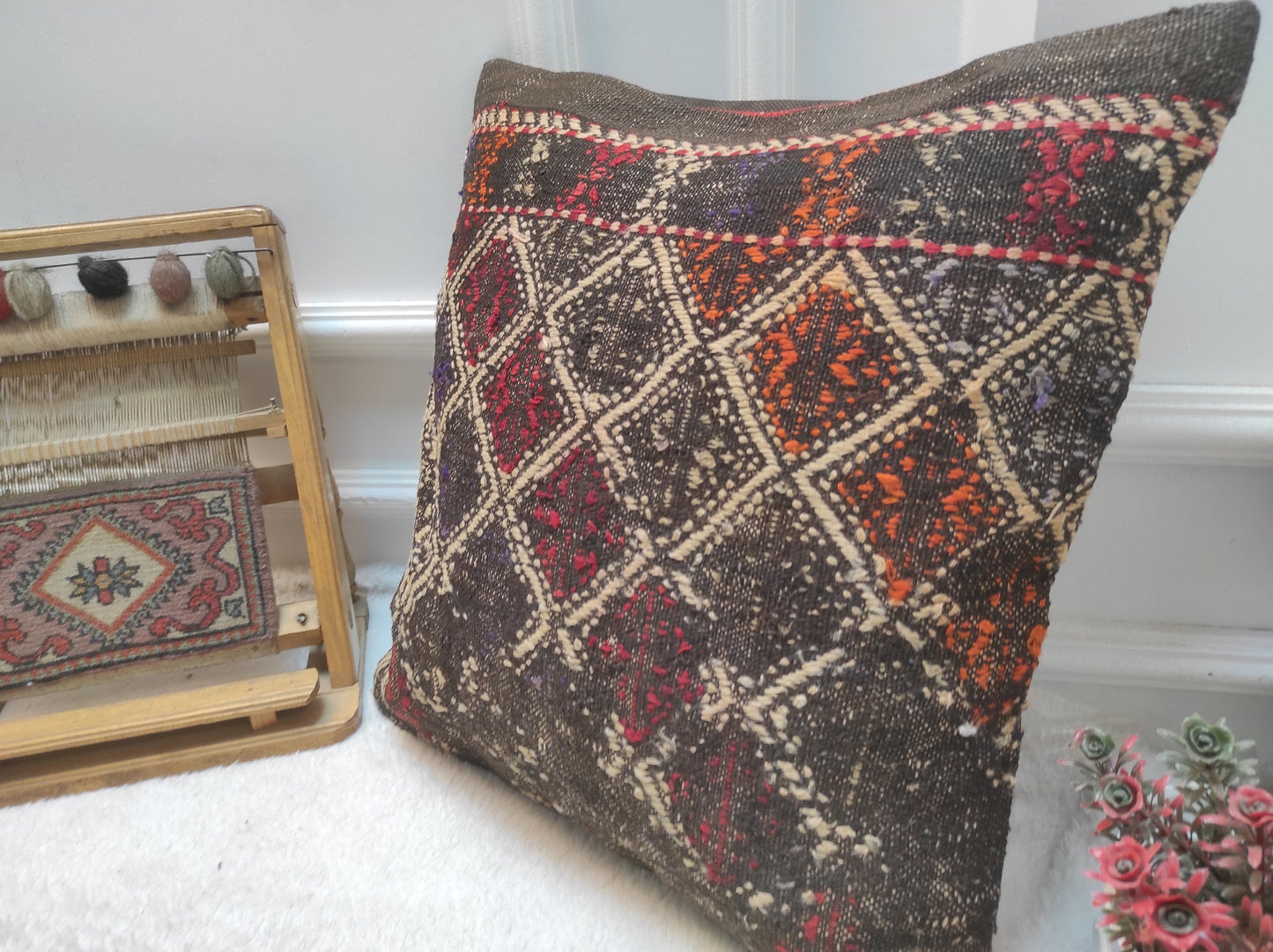 Handmade Kilim Pillow Cover: Upcycled Woven Rug, Bohemian Decor (18x18 inc.)