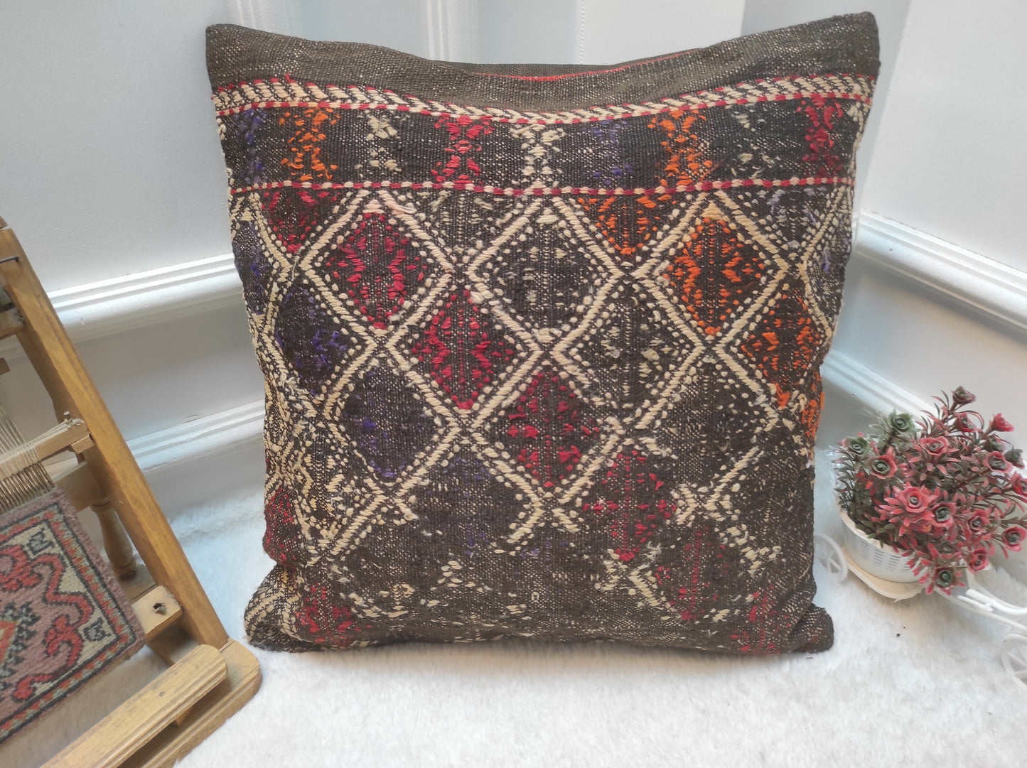 Handmade Kilim Pillow Cover: Upcycled Woven Rug, Bohemian Decor (18x18 inc.)