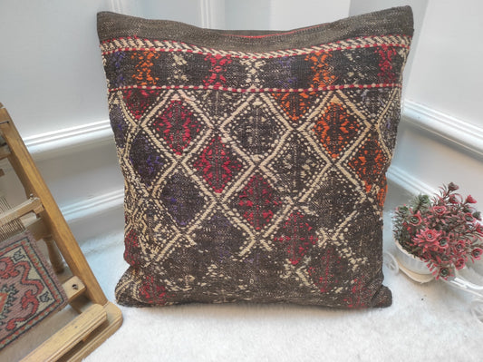 Handmade Kilim Pillow Cover: Upcycled Woven Rug, Bohemian Decor (18x18 inc.)