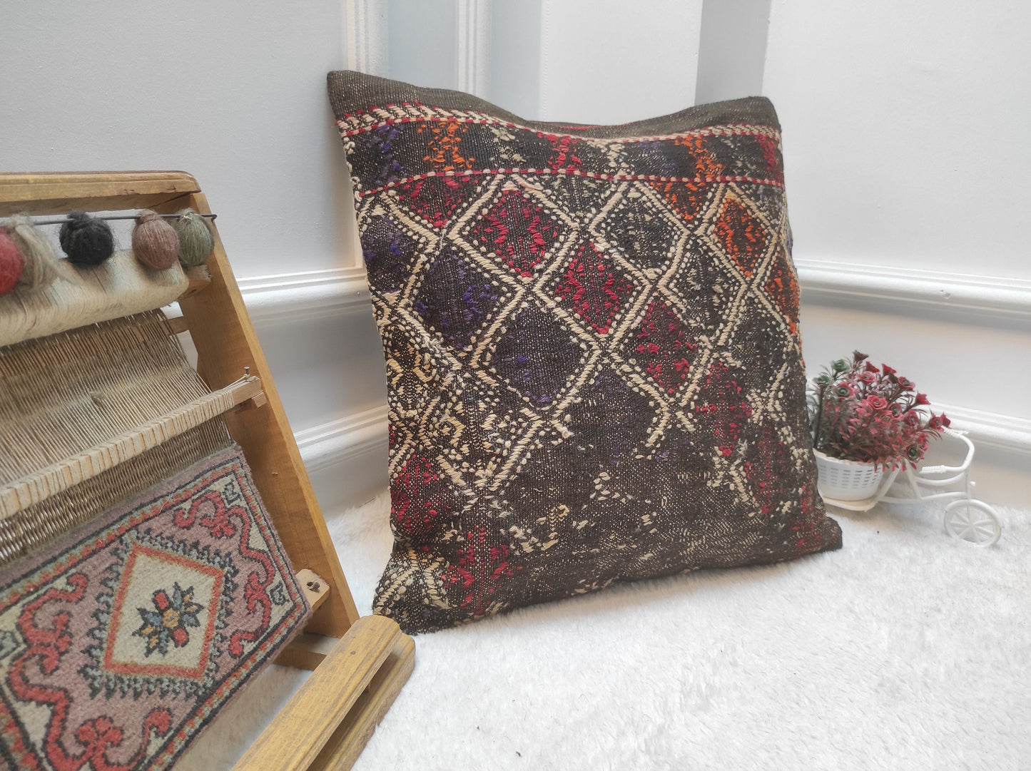 Handmade Kilim Pillow Cover: Upcycled Woven Rug, Bohemian Decor (18x18 inc.)
