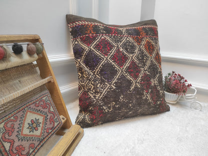 Handmade Kilim Pillow Cover: Upcycled Woven Rug, Bohemian Decor (18x18 inc.)