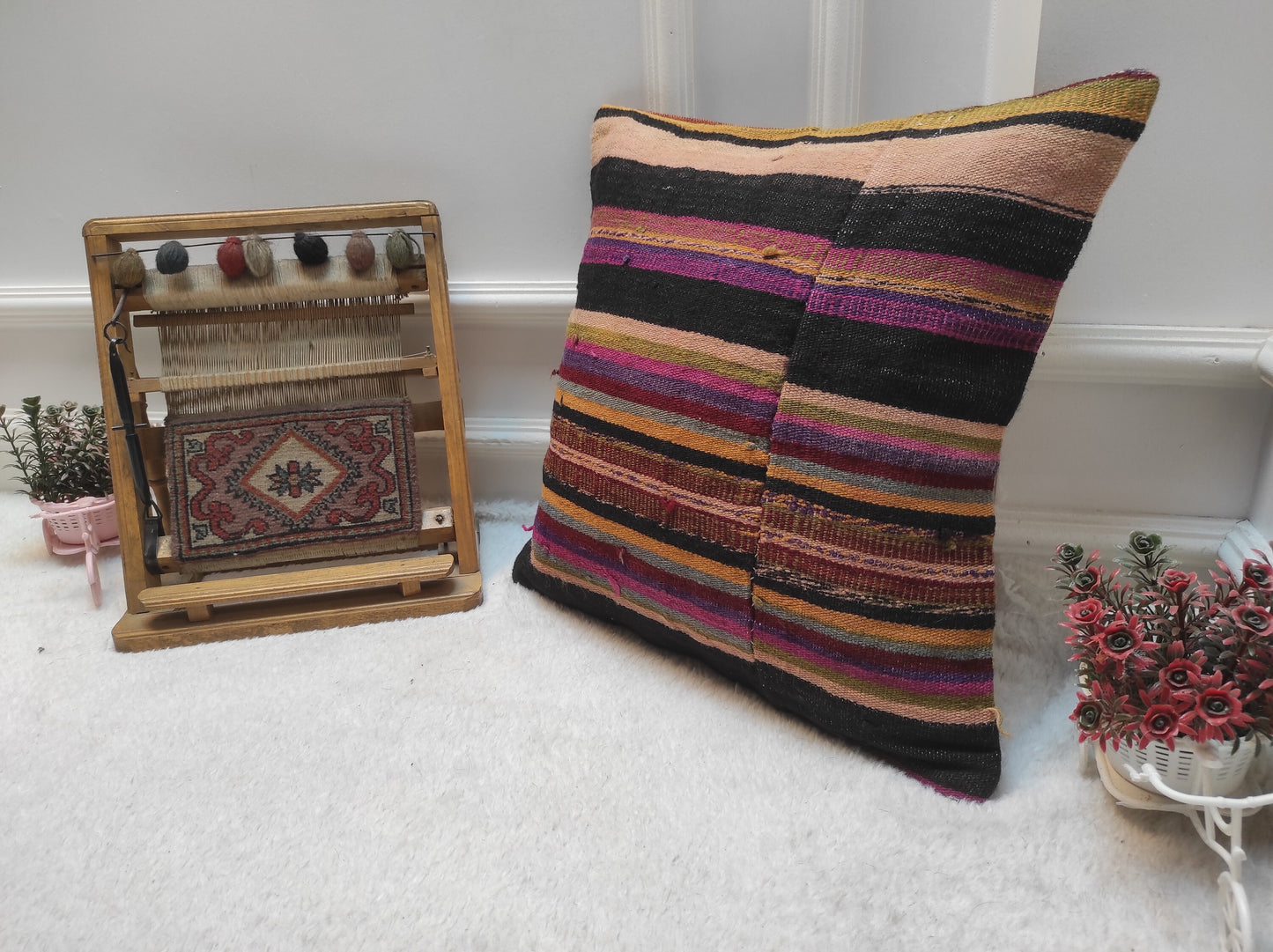 Handmade Kilim Pillow Cover: Upcycled Woven Rug, Bohemian Decor (18x18 in)
