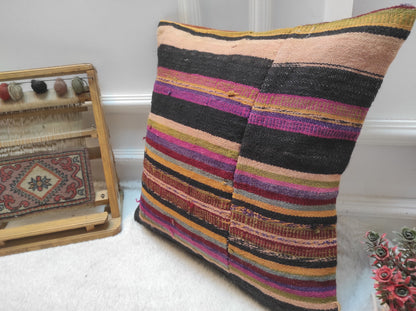 Handmade Kilim Pillow Cover: Upcycled Woven Rug, Bohemian Decor (18x18 in)