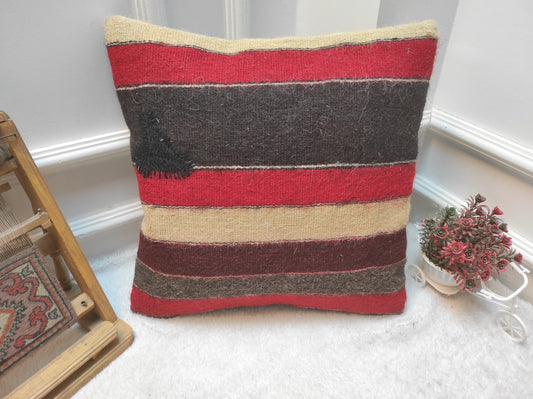 Handmade Kilim Pillow Cover: Upcycled Woven Rug, Red 18x18 inc