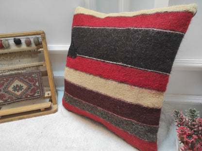 Handmade Kilim Pillow Cover: Upcycled Woven Rug, Red 18x18 inc