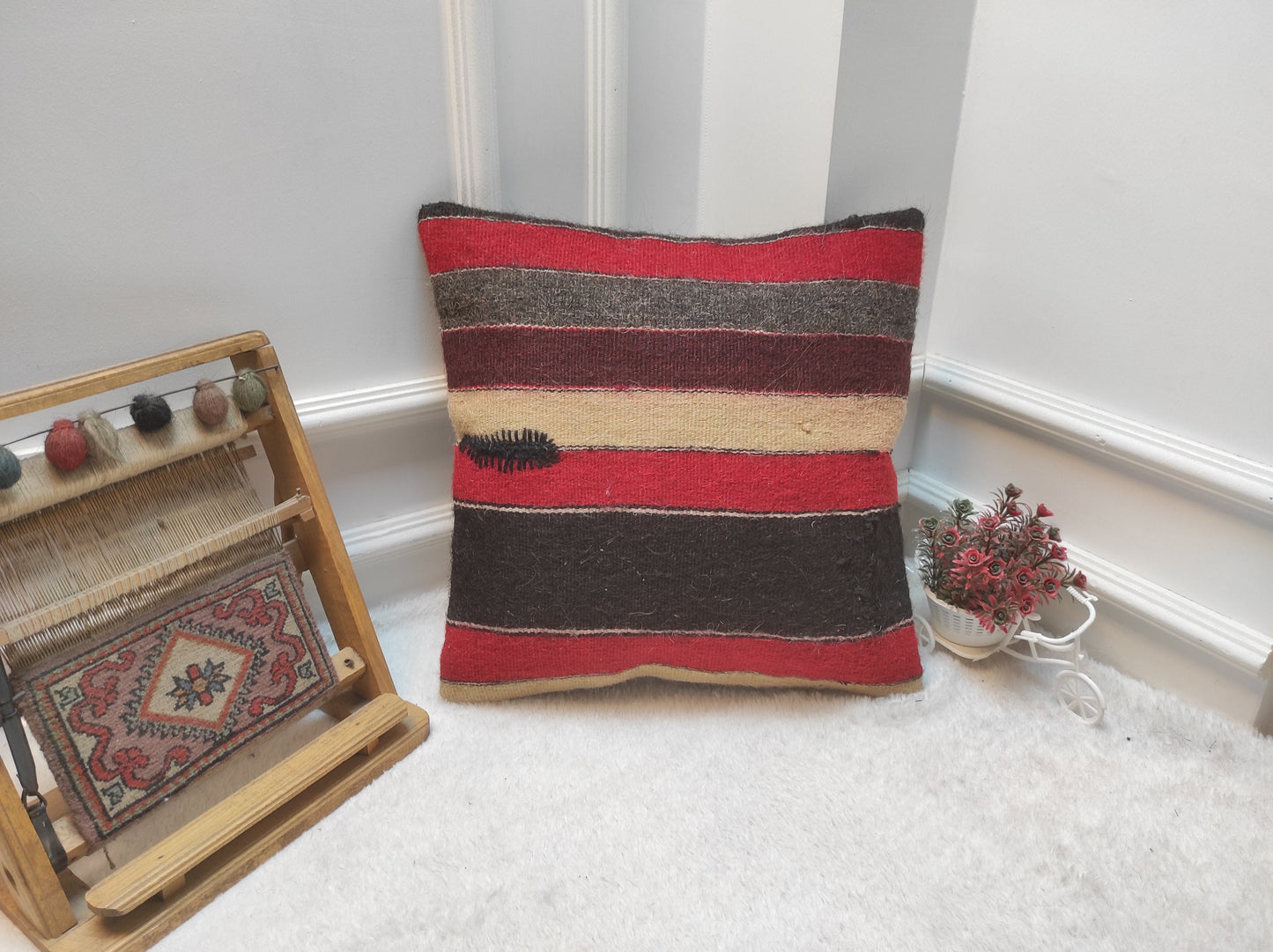Handmade Kilim Pillow Cover: Red & Black Bohemian Woven Pillow (18x18 inc.)