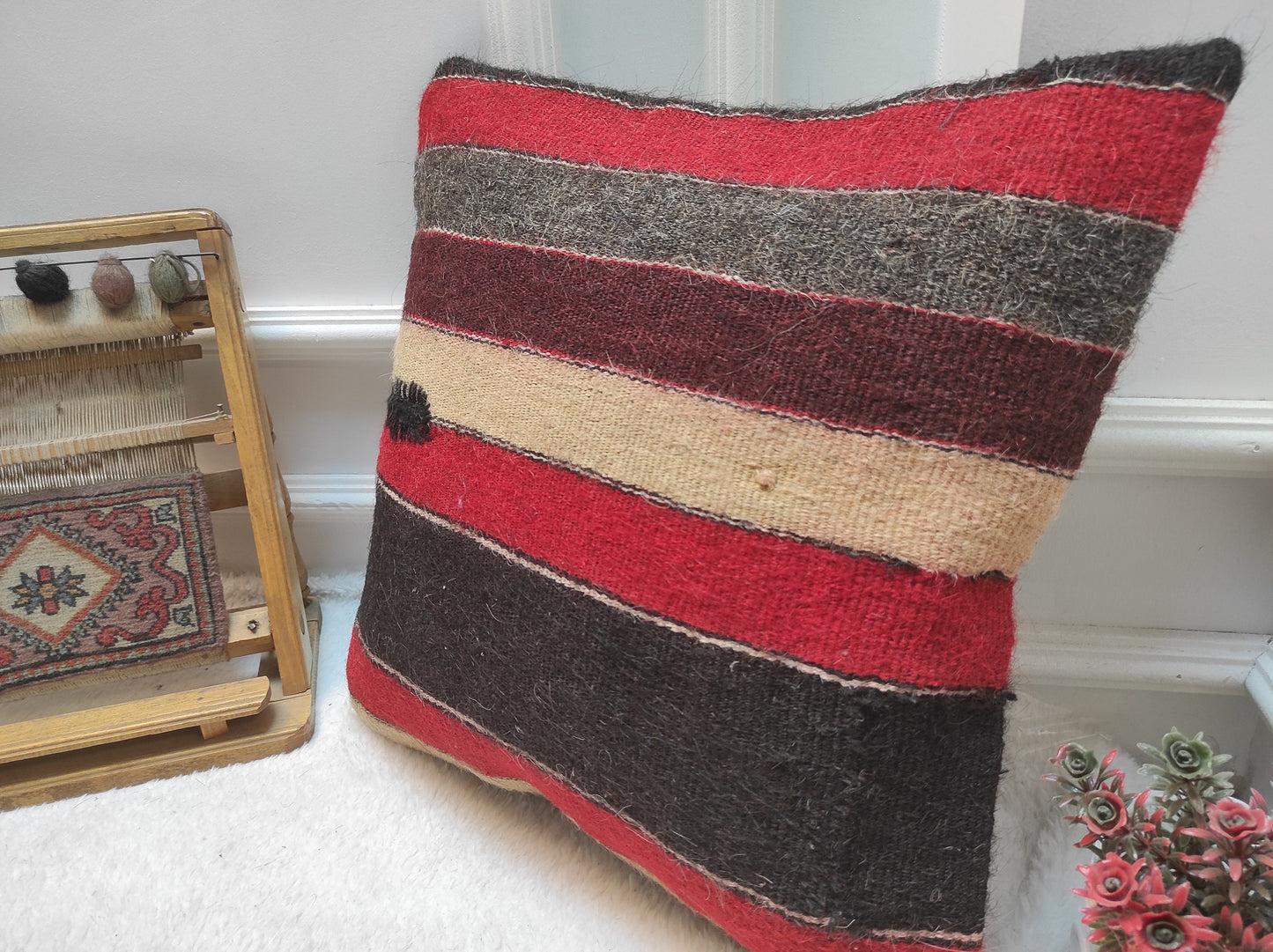 Handmade Kilim Pillow Cover: Red & Black Bohemian Woven Pillow (18x18 inc.)