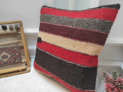 Handmade Kilim Pillow Cover: Red & Black Bohemian Woven Pillow (18x18 inc.)
