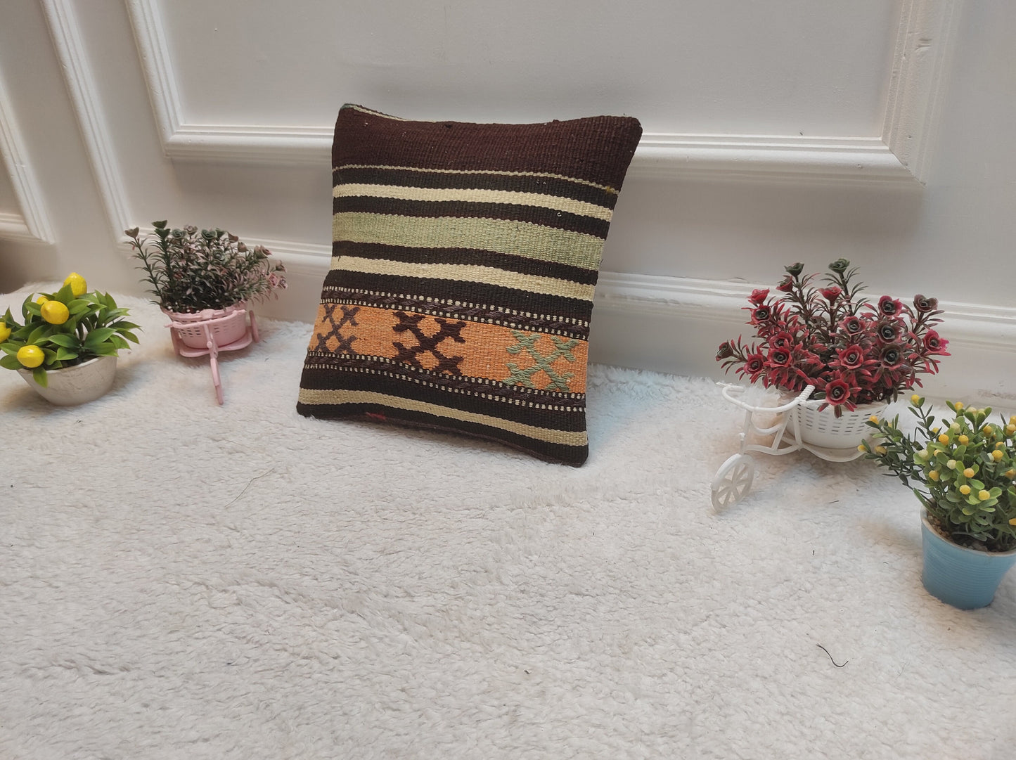 Handmade Kilim Pillow Cover: Upcycled Organic Wool, Bohemian Decor (12x12 in)