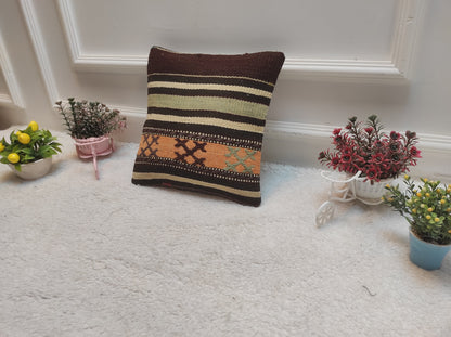 Handmade Kilim Pillow Cover: Upcycled Organic Wool, Bohemian Decor (12x12 in)