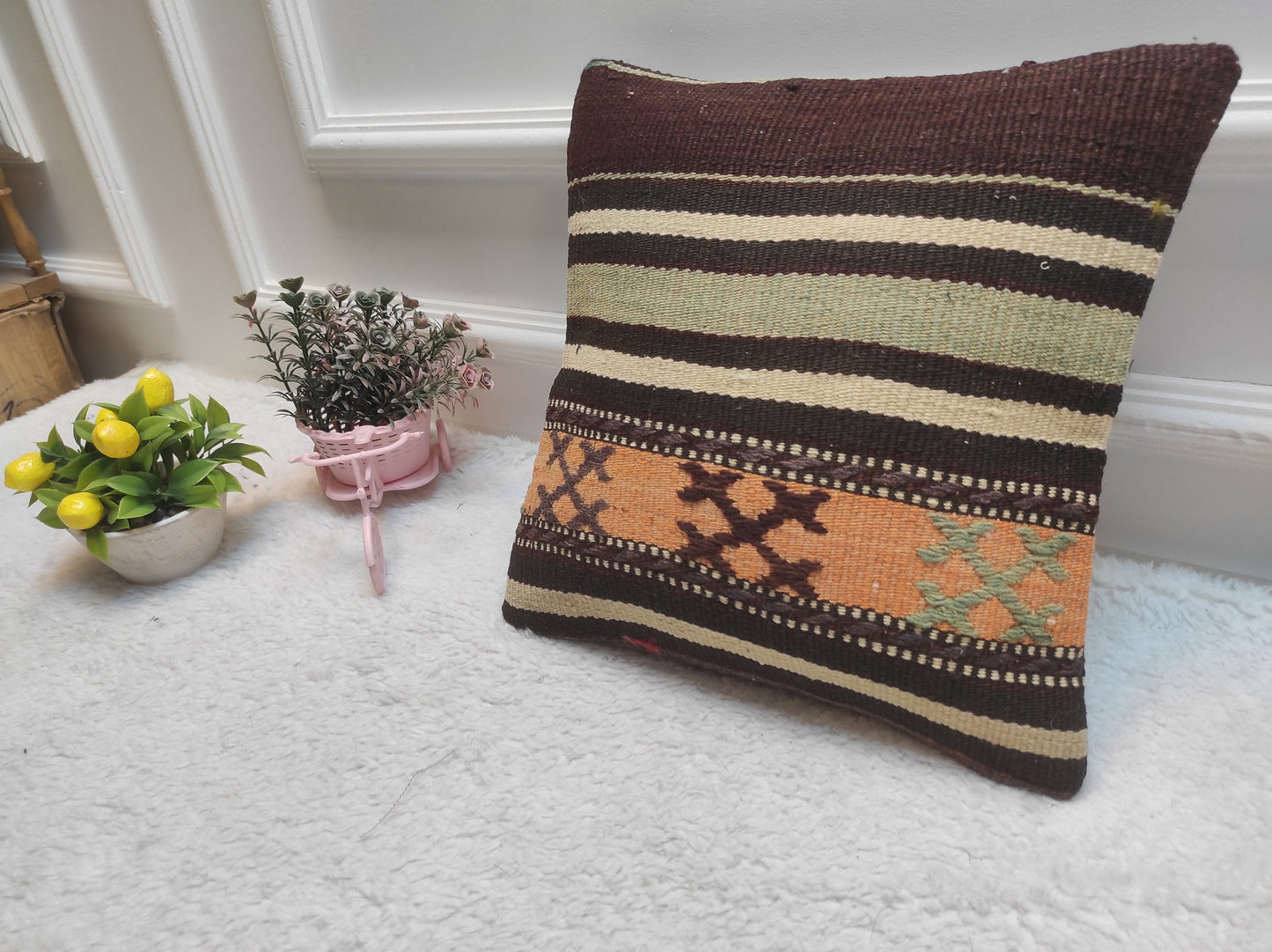 Handmade Kilim Pillow Cover: Upcycled Organic Wool, Bohemian Decor (12x12 in)