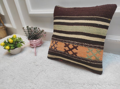 Handmade Kilim Pillow Cover: Upcycled Organic Wool, Bohemian Decor (12x12 in)