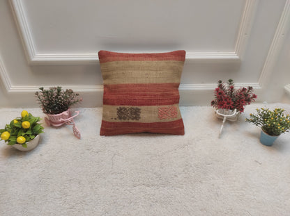 Handmade Kilim Pillow Cover: Upcycled Woven Rug, Red Beige, 12x12 inch