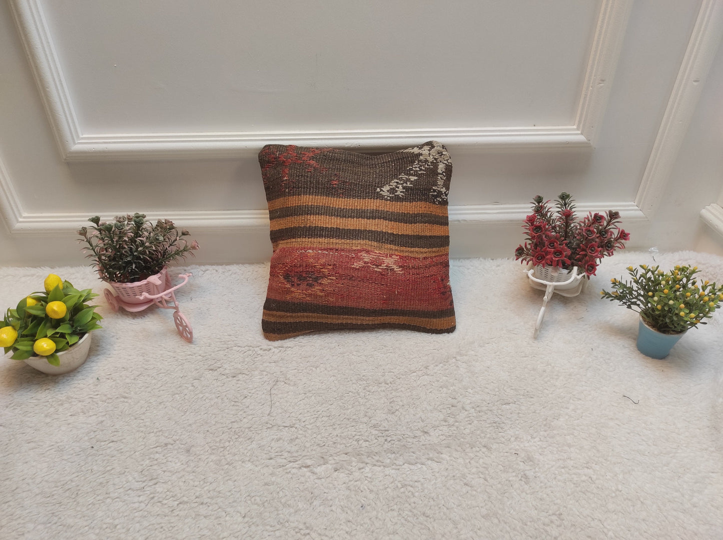 Handmade Kilim Pillow Cover: Upcycled Organic Wool Throw Pillow (12x12 inc)