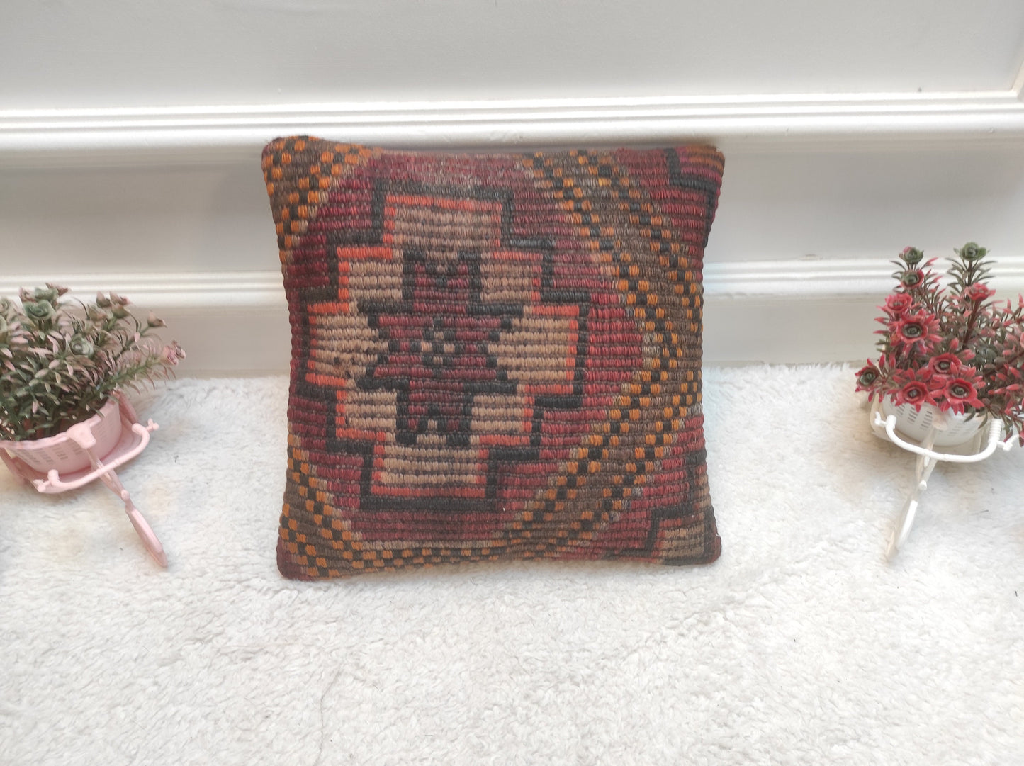 Handmade Kilim Pillow Cover: Organic Wool Throw Pillow, 12x12 inch
