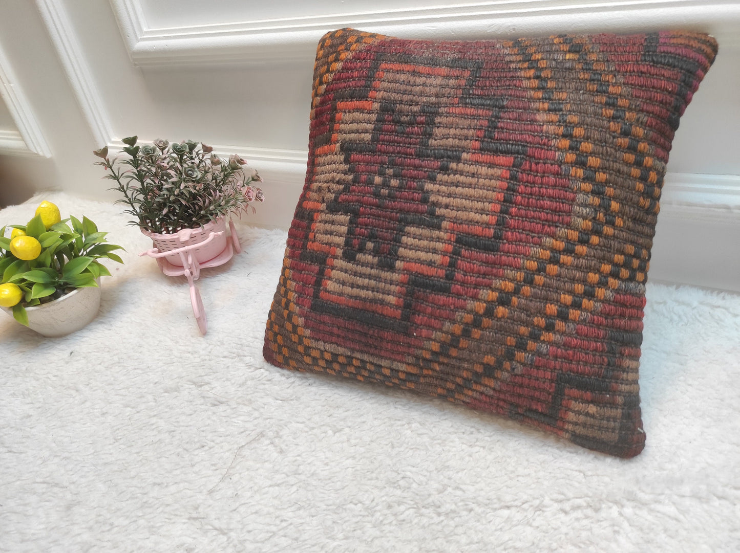 Handmade Kilim Pillow Cover: Organic Wool Throw Pillow, 12x12 inch