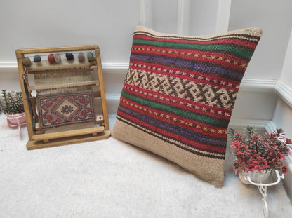 Handwoven Kilim Pillow Cover: Upcycled Bohemian Rug Pillow (18x18 in)