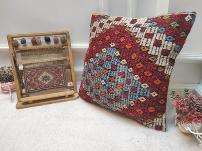 Handmade Kilim Pillow Cover: Upcycled Turkish Woven Rug (18x18 in)