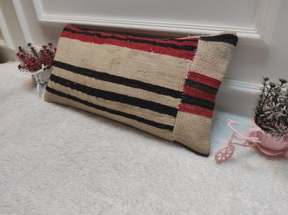 Handmade Woven Kilim Lumbar Pillow Cover: Turkish Boho Decor (12x24 in)