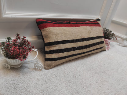 Handmade Woven Kilim Lumbar Pillow Cover: Turkish Boho Decor (12x24 in)