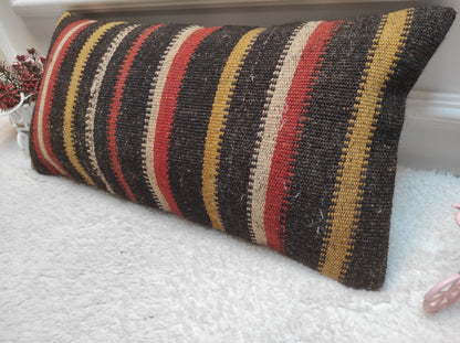 Handmade Kilim Lumbar Pillow Cover: Upcycled Woven Rug, 12x24
