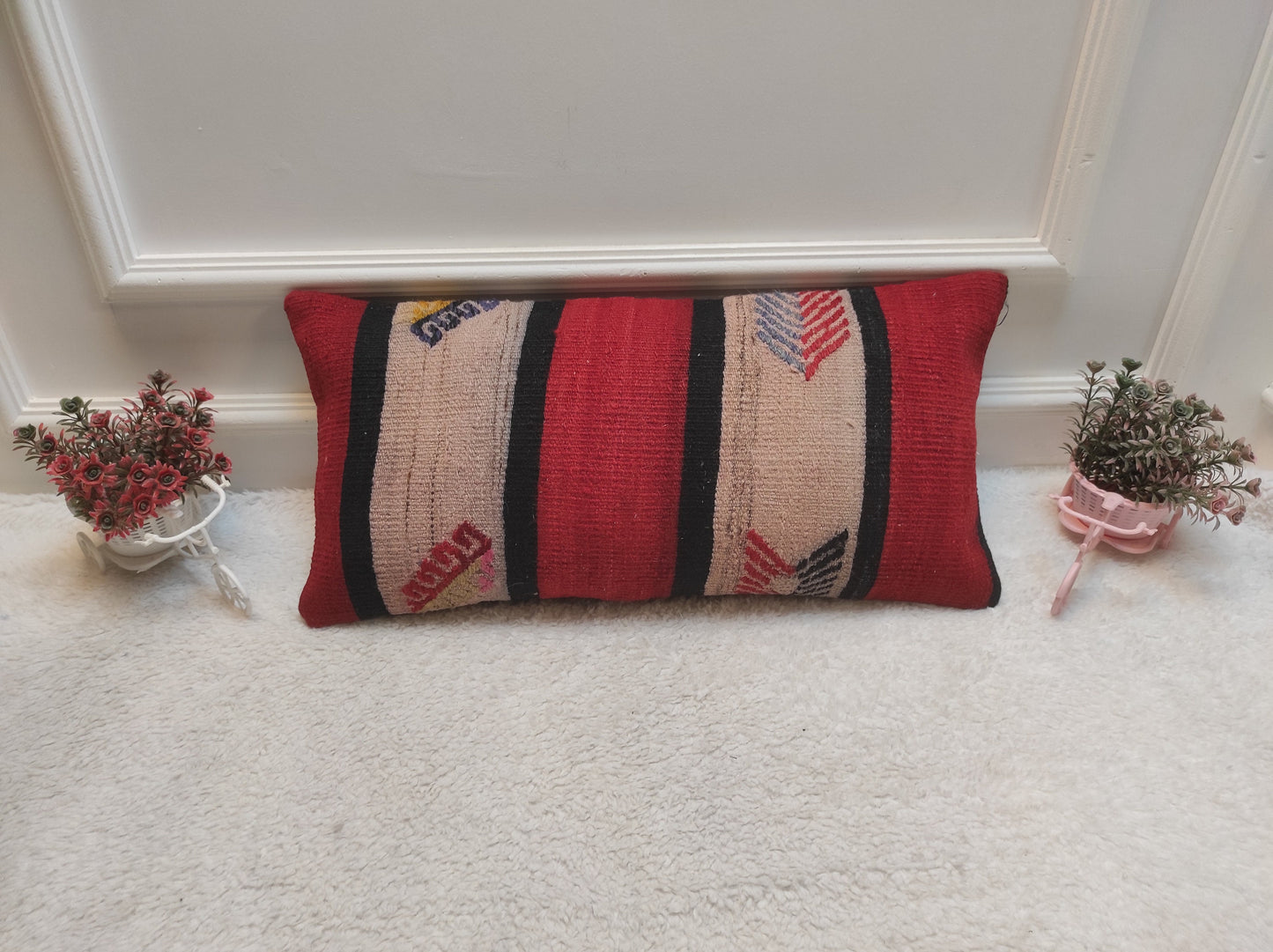 Red Kilim Lumbar Pillow: Handwoven Wool, Bohemian Accent (12x24 inc)