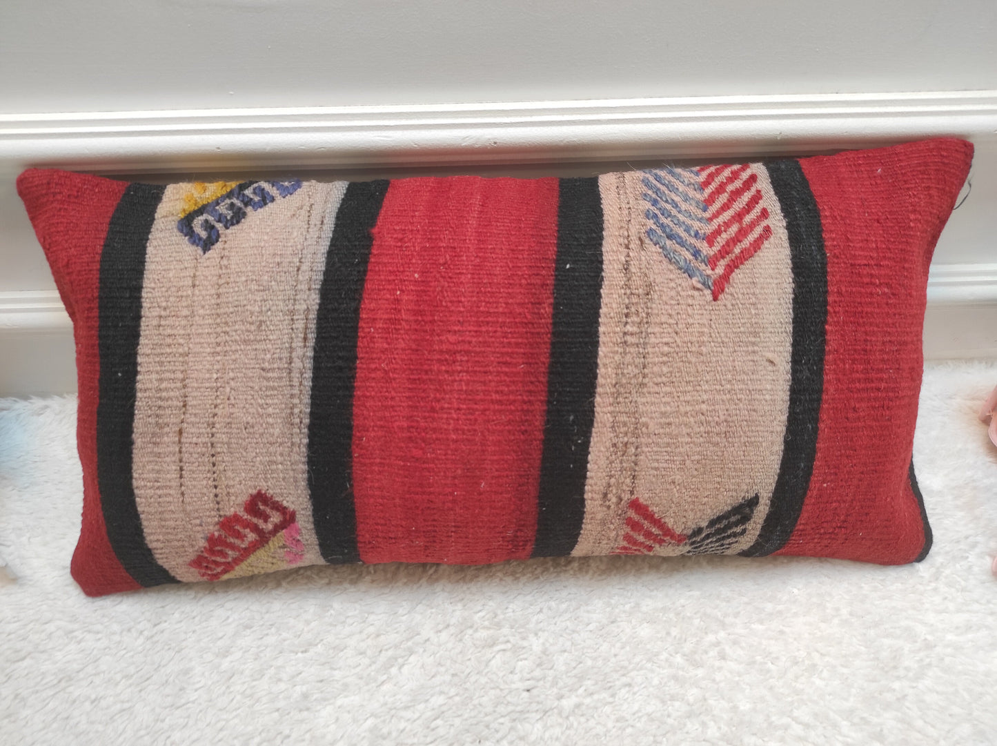 Red Kilim Lumbar Pillow: Handwoven Wool, Bohemian Accent (12x24 inc)