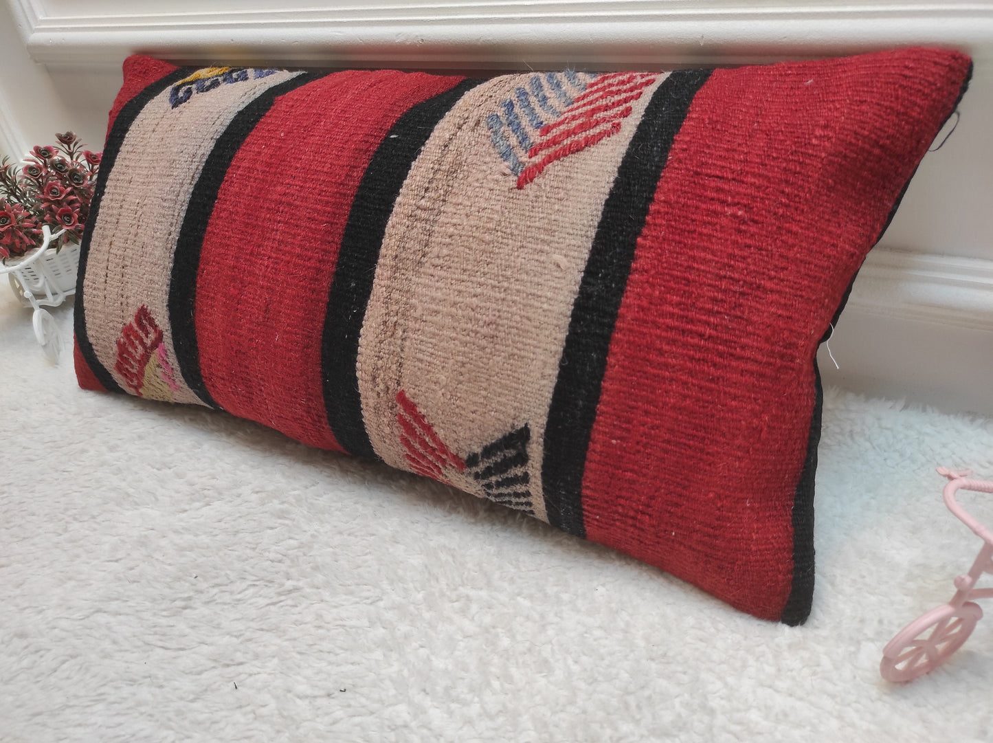 Red Kilim Lumbar Pillow: Handwoven Wool, Bohemian Accent (12x24 inc)
