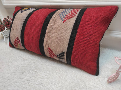 Red Kilim Lumbar Pillow: Handwoven Wool, Bohemian Accent (12x24 inc)