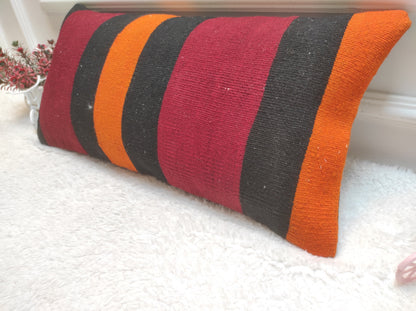 Handmade Kilim Pillow Cover: Upcycled Woven Rug, Ethnic Striped Pillowcase (12x24 inc)