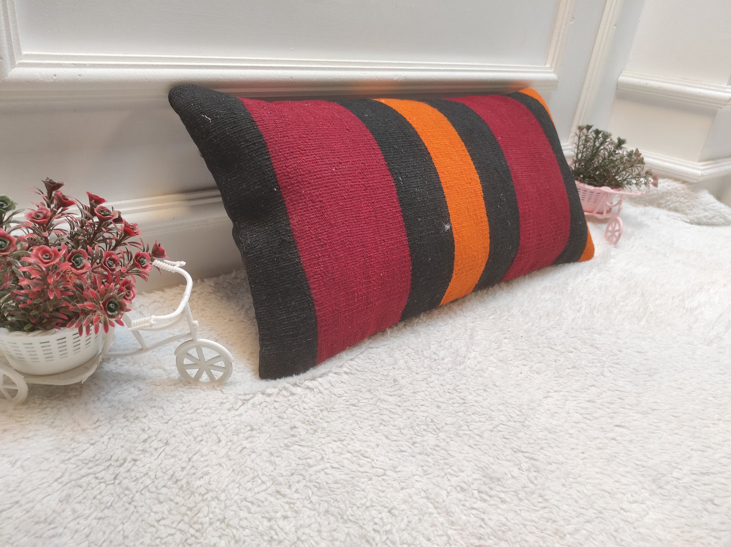 Handmade Kilim Pillow Cover: Upcycled Woven Rug, Ethnic Striped Pillowcase (12x24 inc)