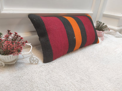 Handmade Kilim Pillow Cover: Upcycled Woven Rug, Ethnic Striped Pillowcase (12x24 inc)