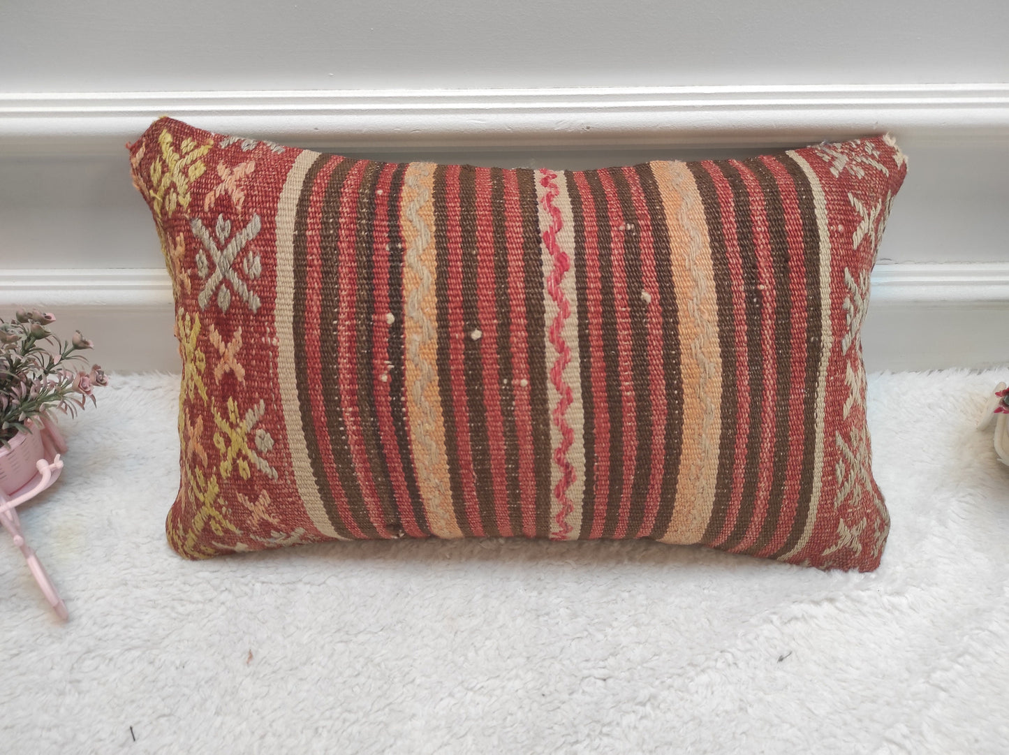Handmade Kilim Pillow Cover: Upcycled Woven Rug, Rustic Ethnic Decor (12x20 in)