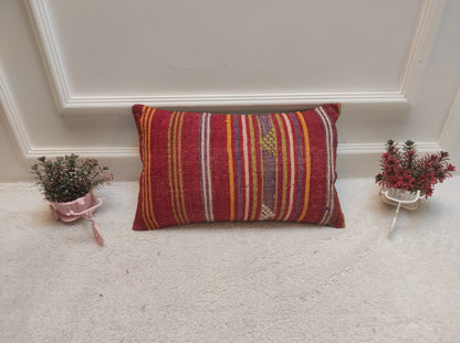 Handmade Red Kilim Lumbar Pillow Cover: Turkish Woven Rug, 12x20 inc