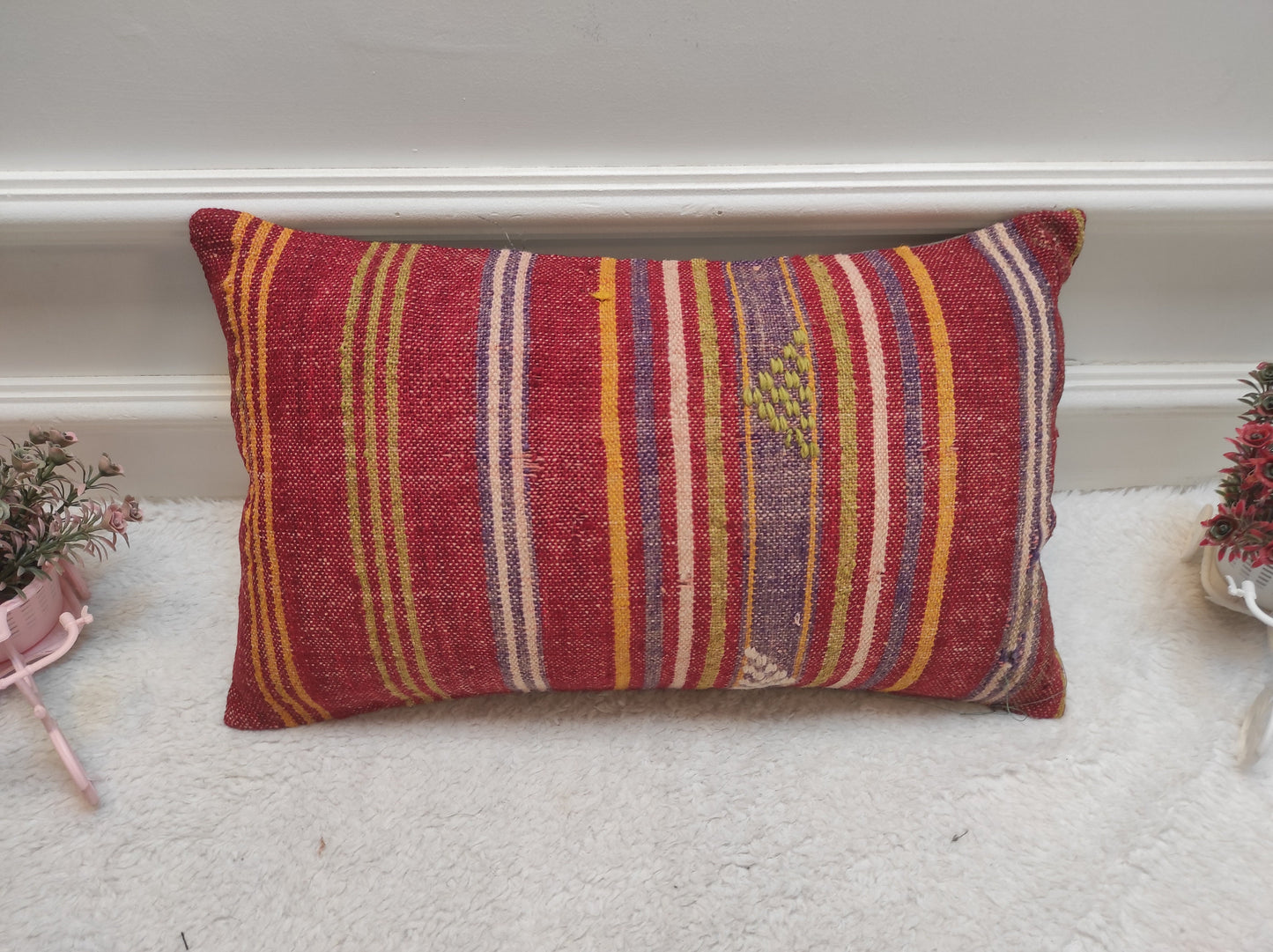 Handmade Red Kilim Lumbar Pillow Cover: Turkish Woven Rug, 12x20 inc