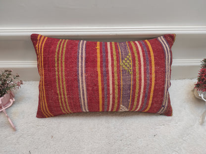 Handmade Red Kilim Lumbar Pillow Cover: Turkish Woven Rug, 12x20 inc