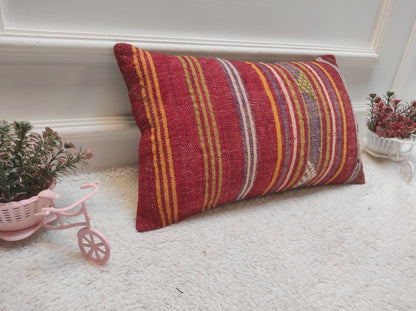 Handmade Red Kilim Lumbar Pillow Cover: Turkish Woven Rug, 12x20 inc