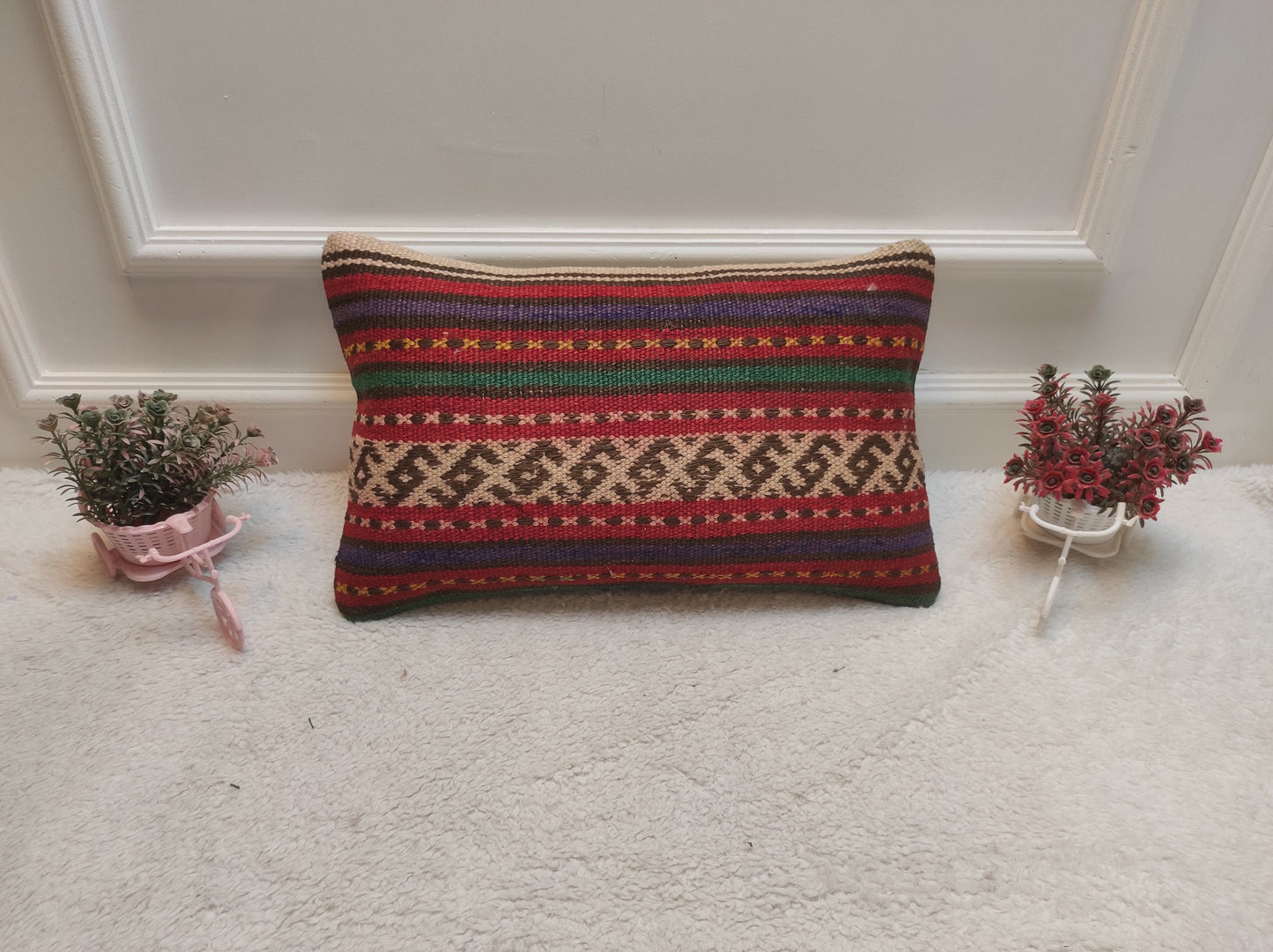 Handwoven Kilim Lumbar Pillow Cover: Rustic Ethnic Decor (12x20 in)