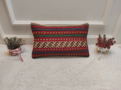 Handwoven Kilim Lumbar Pillow Cover: Rustic Ethnic Decor (12x20 in)