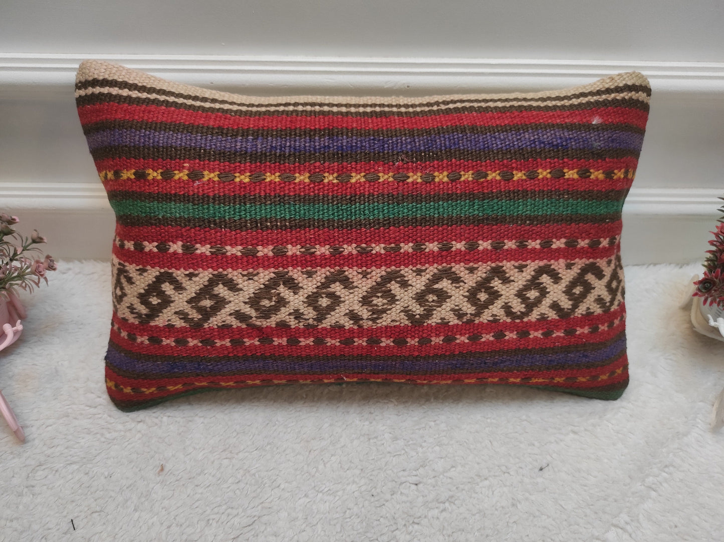 Handwoven Kilim Lumbar Pillow Cover: Rustic Ethnic Decor (12x20 in)
