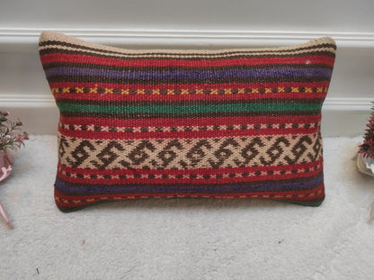Handwoven Kilim Lumbar Pillow Cover: Rustic Ethnic Decor (12x20 in)
