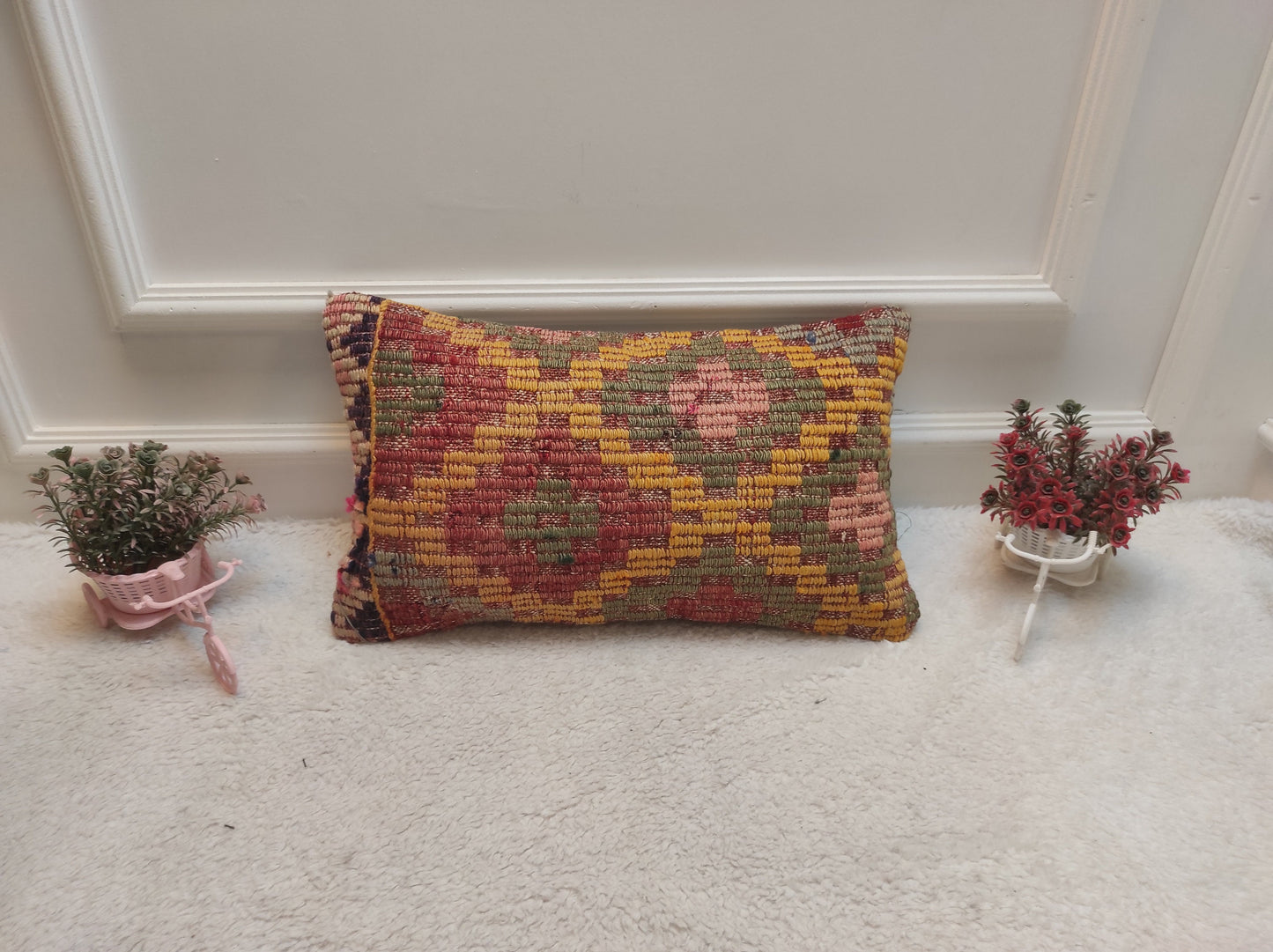 Handwoven Kilim Lumbar Pillow Cover: Upcycled Bohemian Rug (12x20 in)