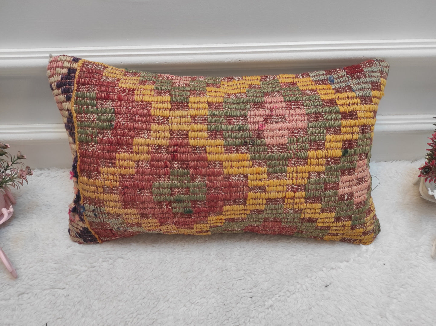 Handwoven Kilim Lumbar Pillow Cover: Upcycled Bohemian Rug (12x20 in)