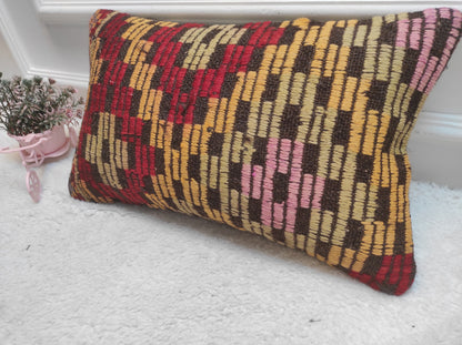 Handmade Kilim Lumbar Pillow Cover: Upcycled Turkish Rug, 12x20