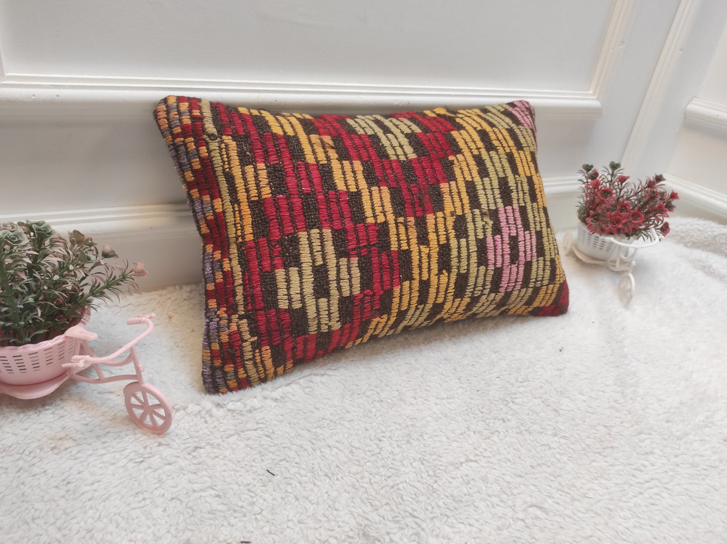 Handmade Kilim Lumbar Pillow Cover: Upcycled Turkish Rug, 12x20