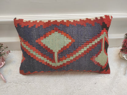 Handmade Kilim Pillow Cover: Upcycled Woven Rug, Ethnic Design (12x20 in)